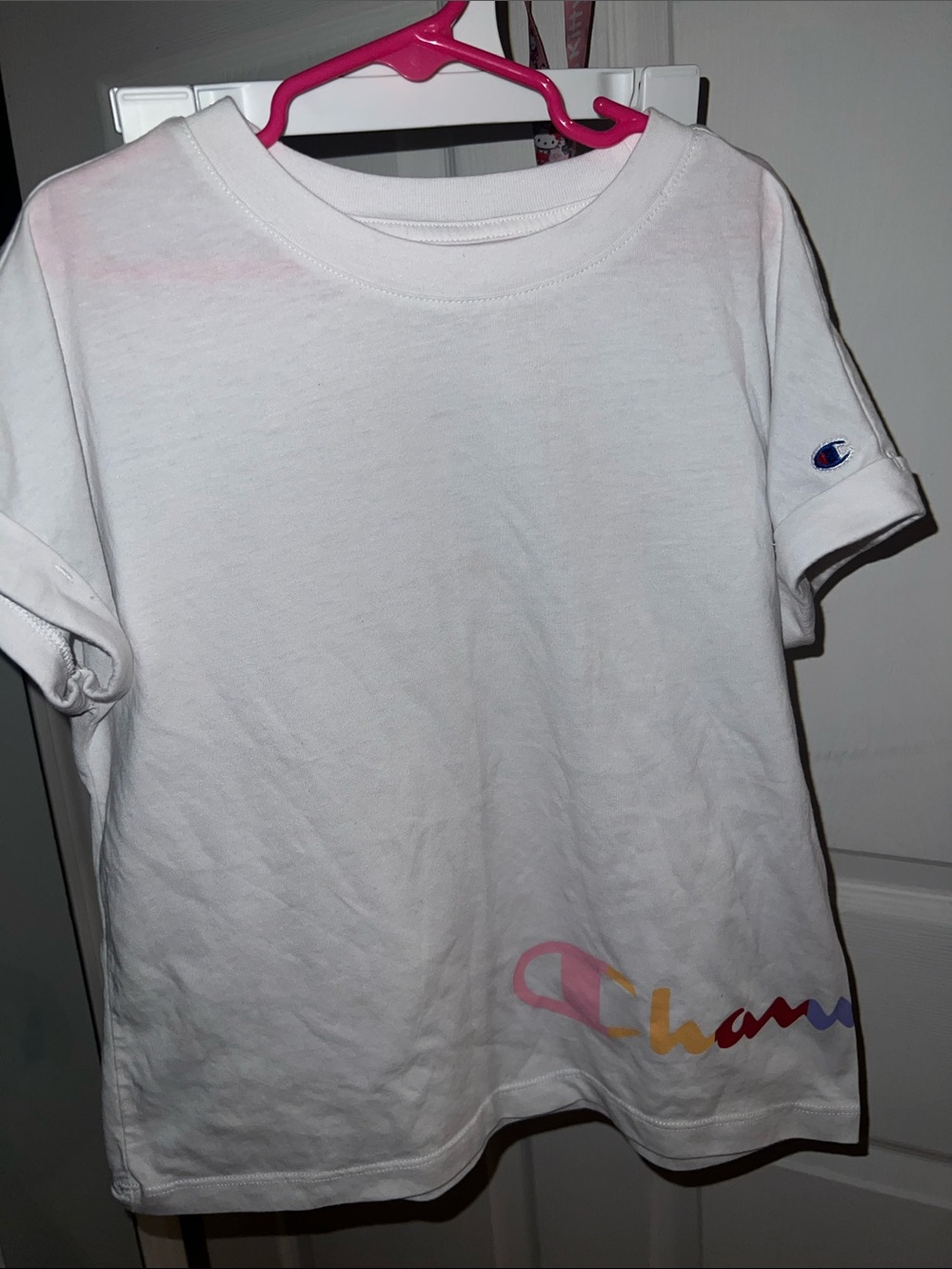 Champion White Short Sleeve Tee with Multicolor Script